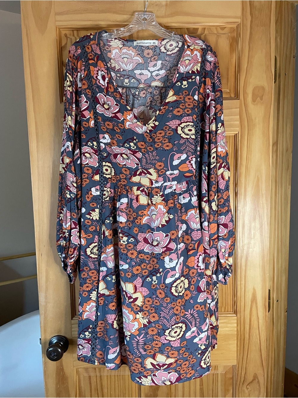 Floral V-Neck Long Sleeve Swing Dress in Multi-Color